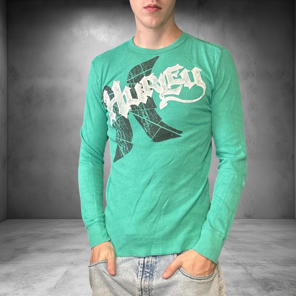 Hurley Vintage Y2K Skater Thermal Long Sleeve Shirt Teal Green Large
